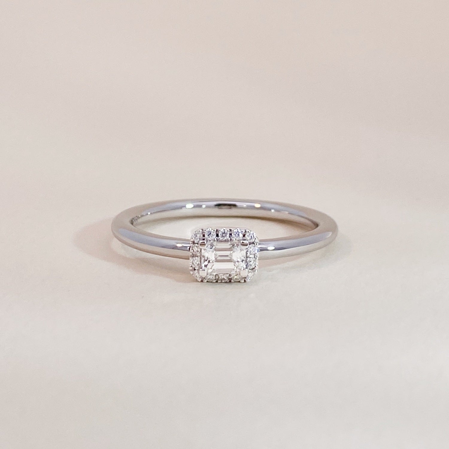 Baguette Diamond Halo Ring White Gold