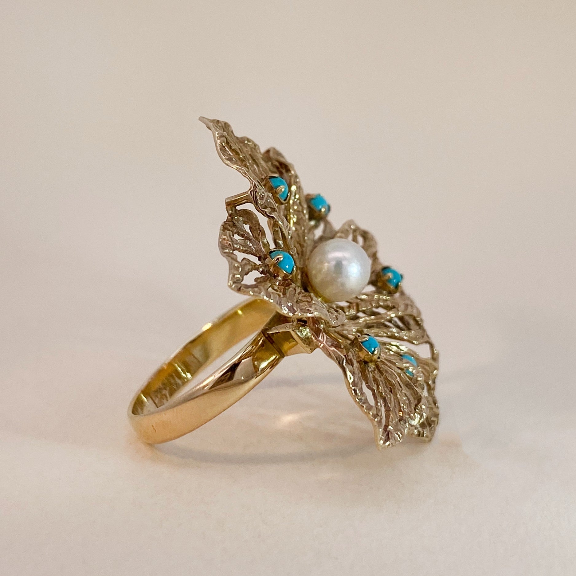 Vintage bloem ring parels blauwe steen