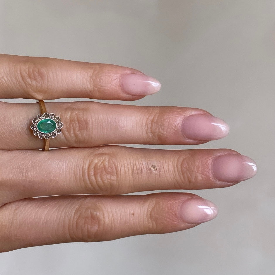 Emerald & Diamond Flower Ring