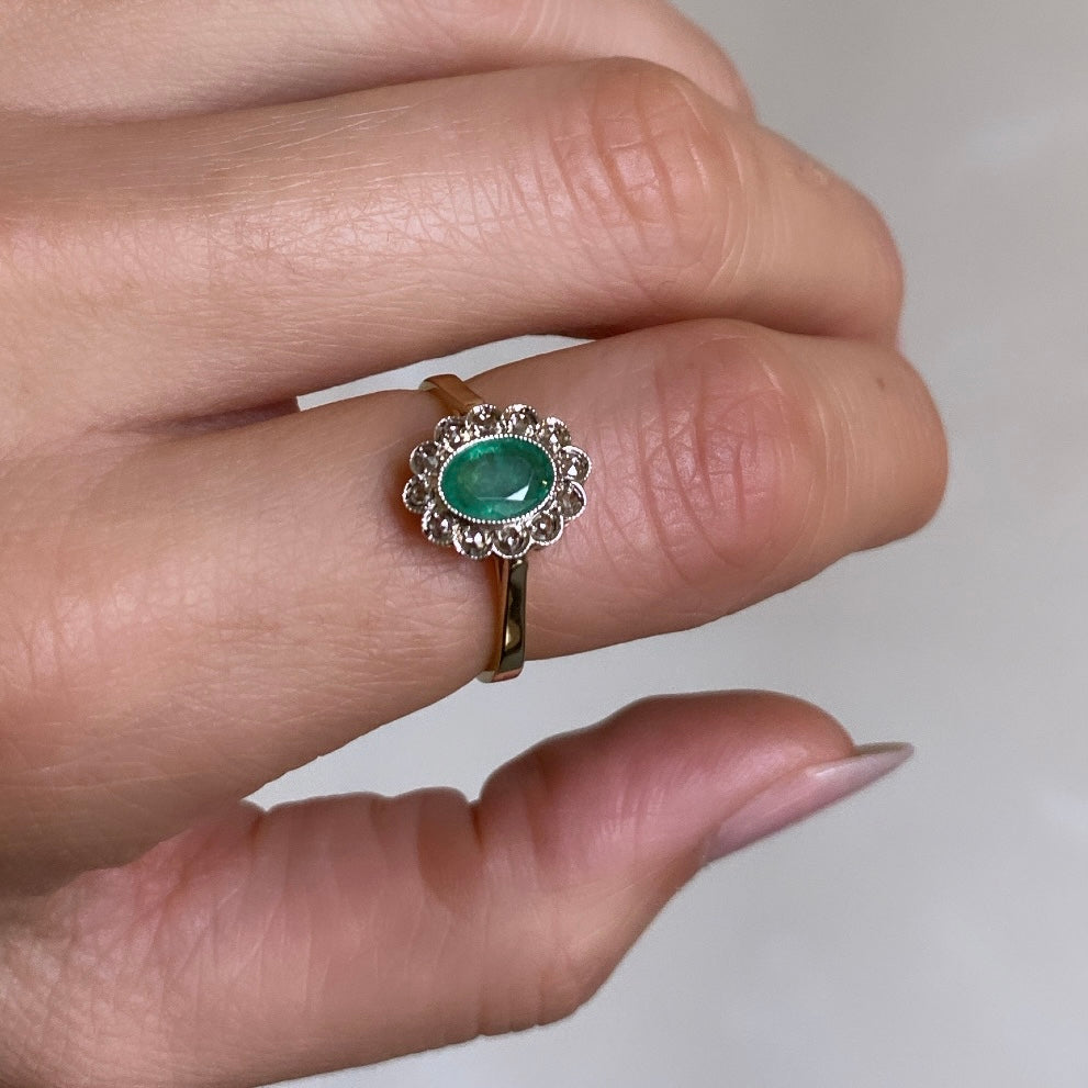 Emerald & Diamond Flower Ring