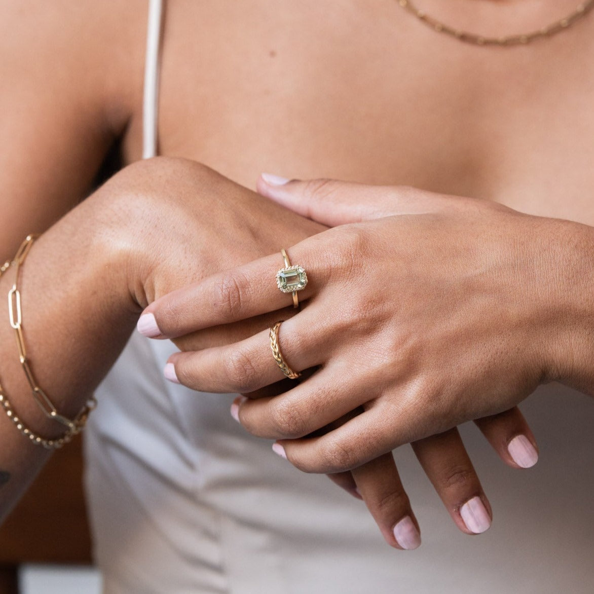 Green Amethyst & Diamonds Ring